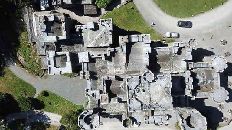 Image of Wray Castles complicated roof design taken from a drone during the roof survey